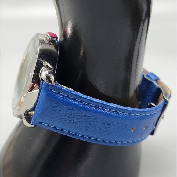 Bertha Ashley Owl Watch Crystal Bezel 38mm Silver Tone 7.5" Blue Leather Band - Picture 4 of 16